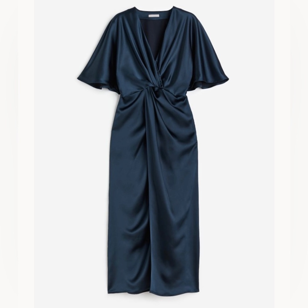 H&M Draped Satin Dress in Dark Blue